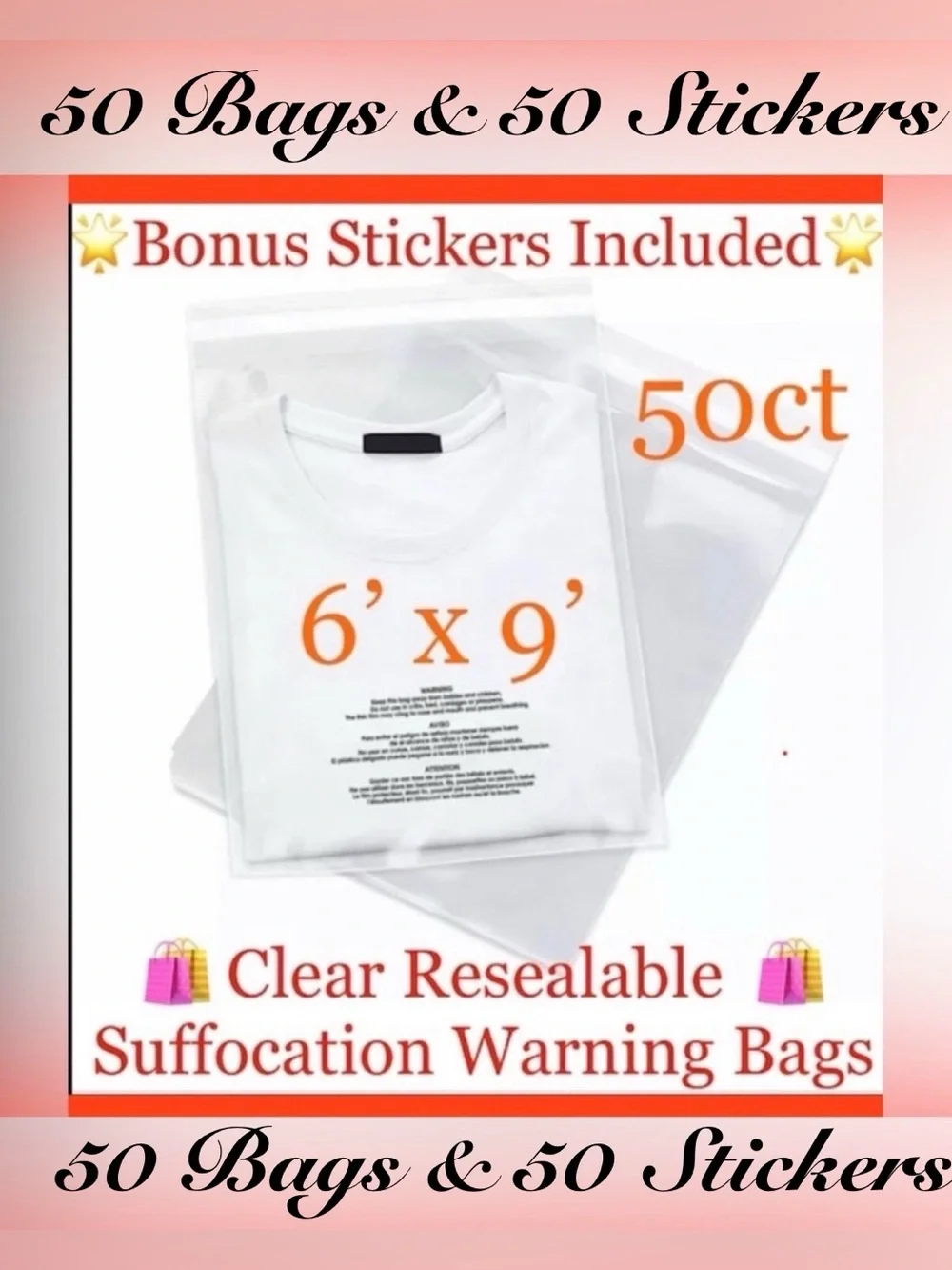 50ct~6’x9’ Self Seal-Suffocation Labeled Bags w/50ct Free Thank You Stickers 🍃🆕🍃